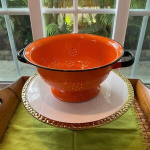 Vintage Orange Enamel “Made In Poland” Colander Strainer 9-3/4”